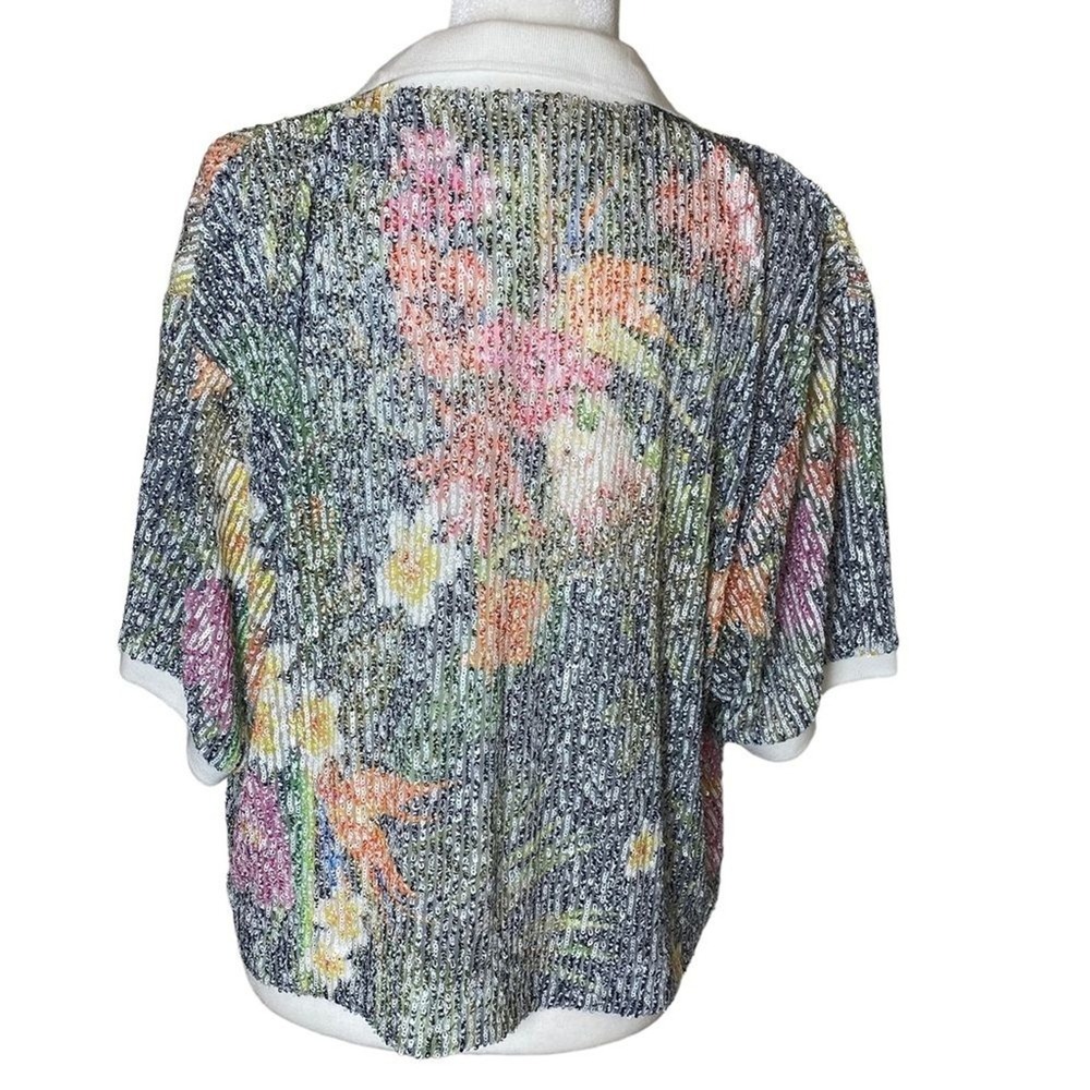 In The Mood For Love Sequin Floral Crop Top Linen Silk Boxy Collared L - Picture 6 of 16